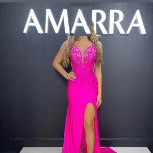 AMARRA Embellished Fitted Prom Gown With Slit Skirt, Size 4, Rhinestone Detail